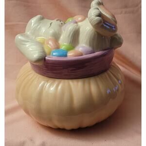 Porcelain Trinket Box w/White Sleeping Easter Bunny and Pastel Colored Eggs